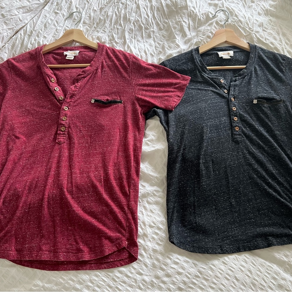 Diesel V Neck Button Ups, Heather Maroon and Dark Heather Grey. Size Small.